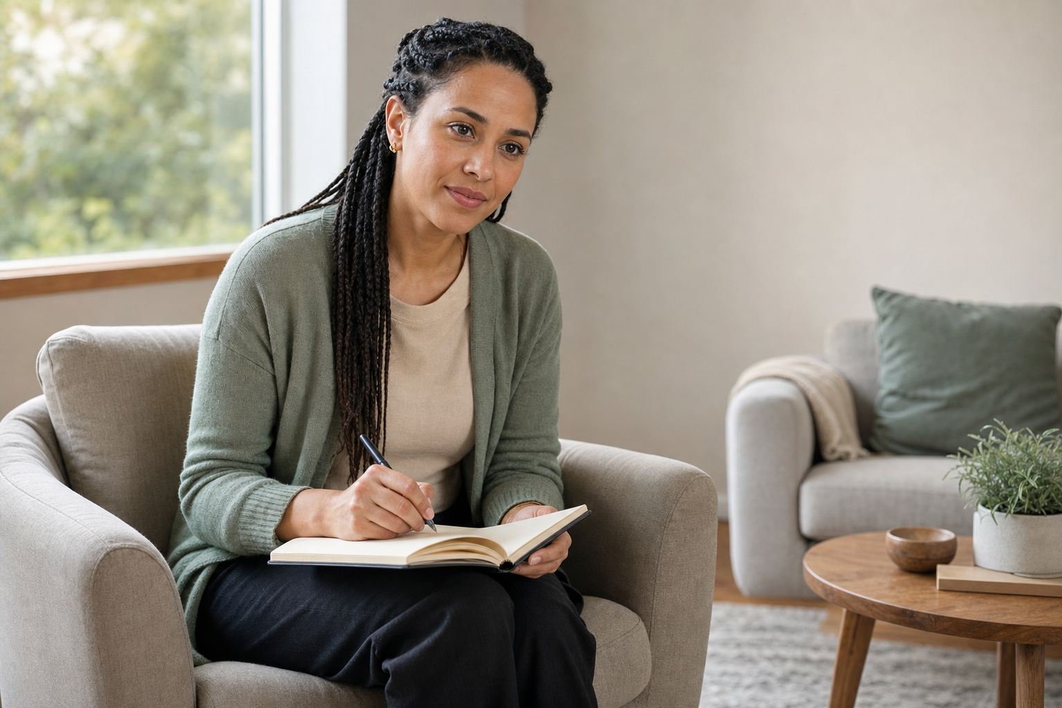 Woman sitting on a sofa writing in a notebook, with a calm living room setting in the background.