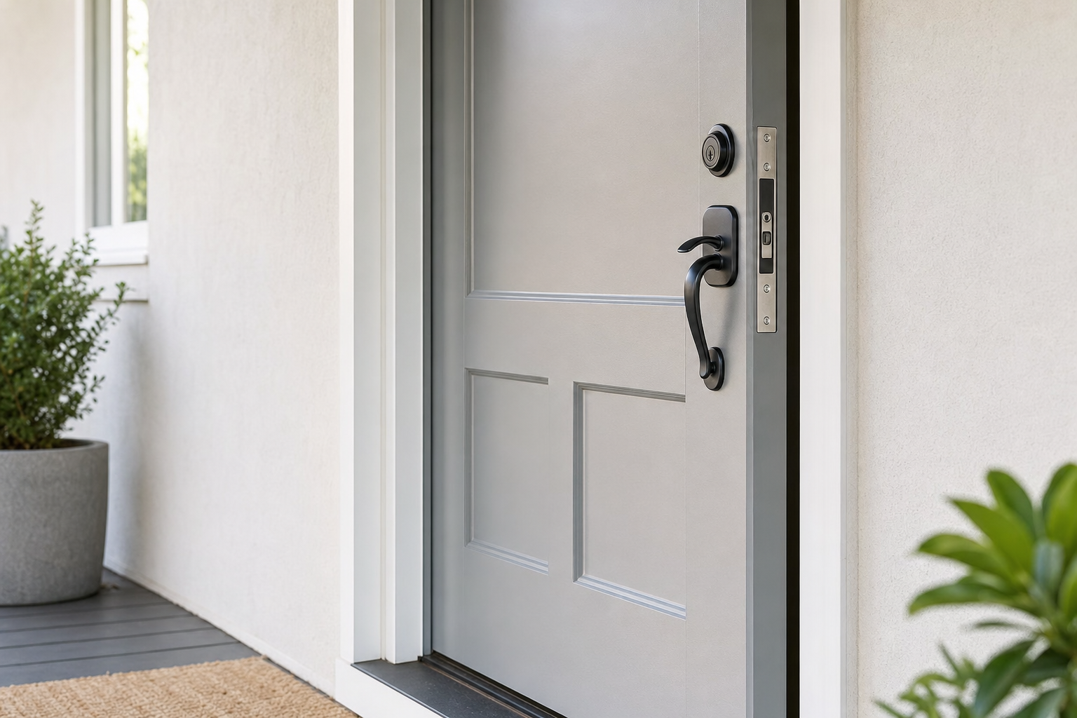 A modern grey front door with a black handle, partially open, next to a plant in a grey pot.