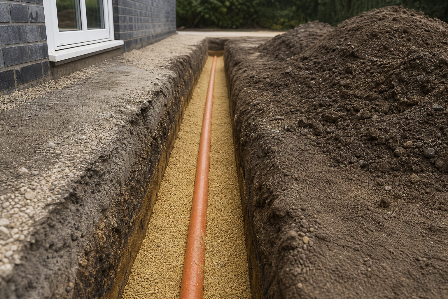 A narrow trench with an orange pipe lies beside a brick building under construction.