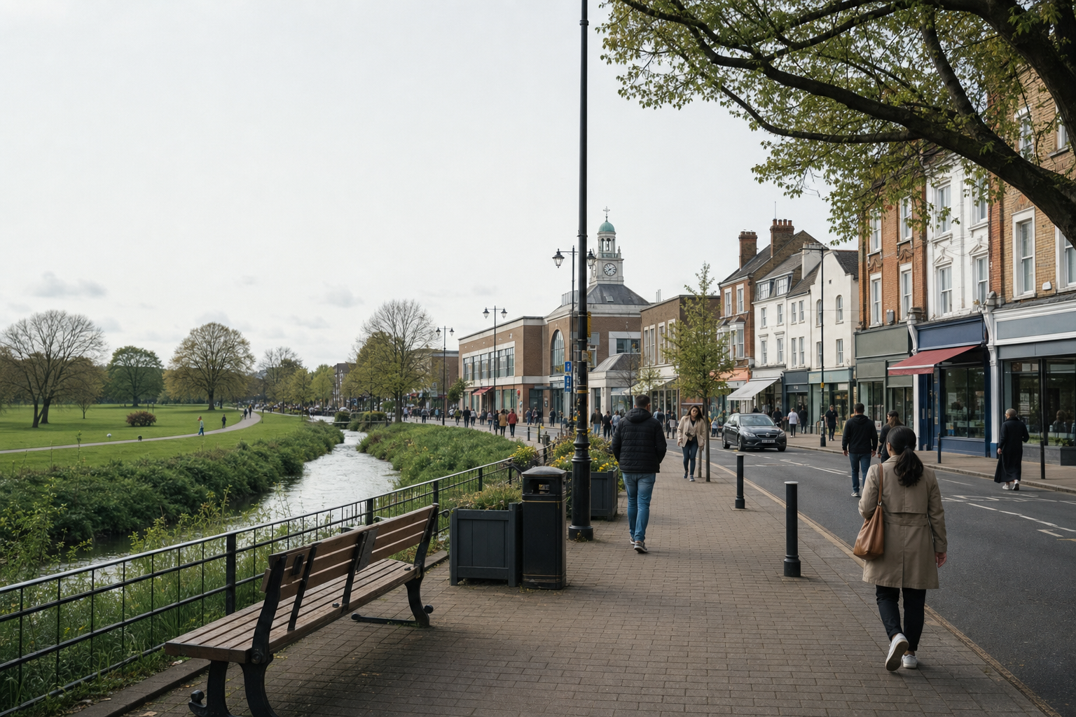 Pedestrians stroll along a riverside path beside a row of shops and a green park under a cloudy sky.