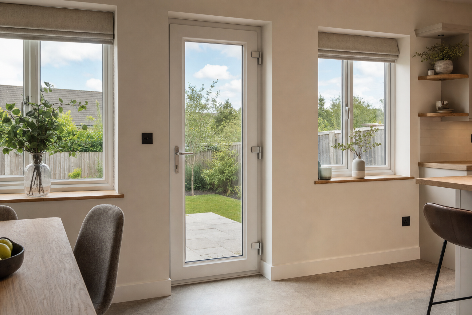 Bright kitchen with a glass door and windows overlooking a garden, featuring a table with green apples and potted plants.