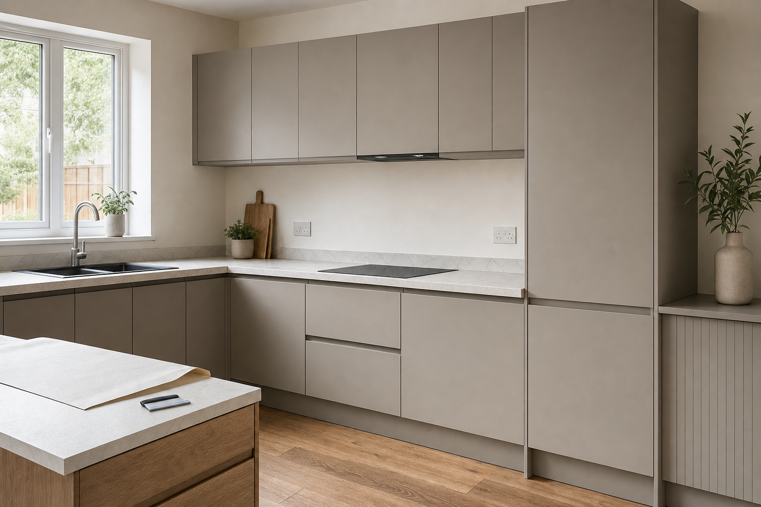 Modern kitchen with neutral-toned cabinets, wooden flooring, and ample natural light from a large window.