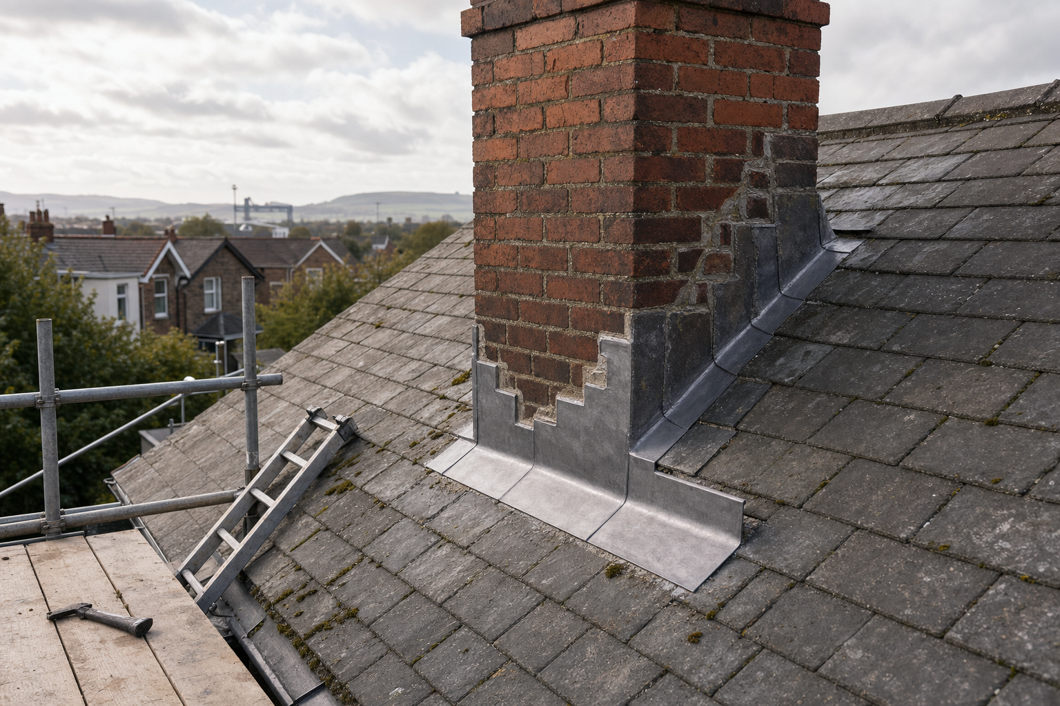A brick chimney with new lead flashing on a slate roof, viewed from scaffolding with a hammer and ladder in sight.