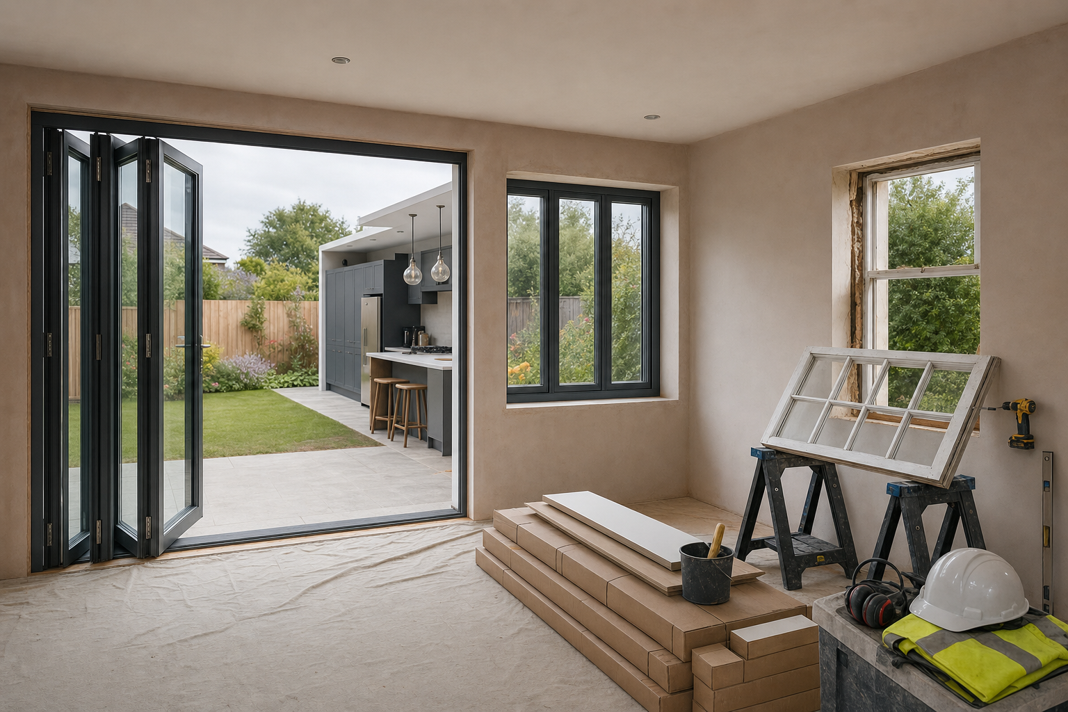 Unfinished interior with stacked materials, tools, and open folding doors leading to a modern kitchen and garden.