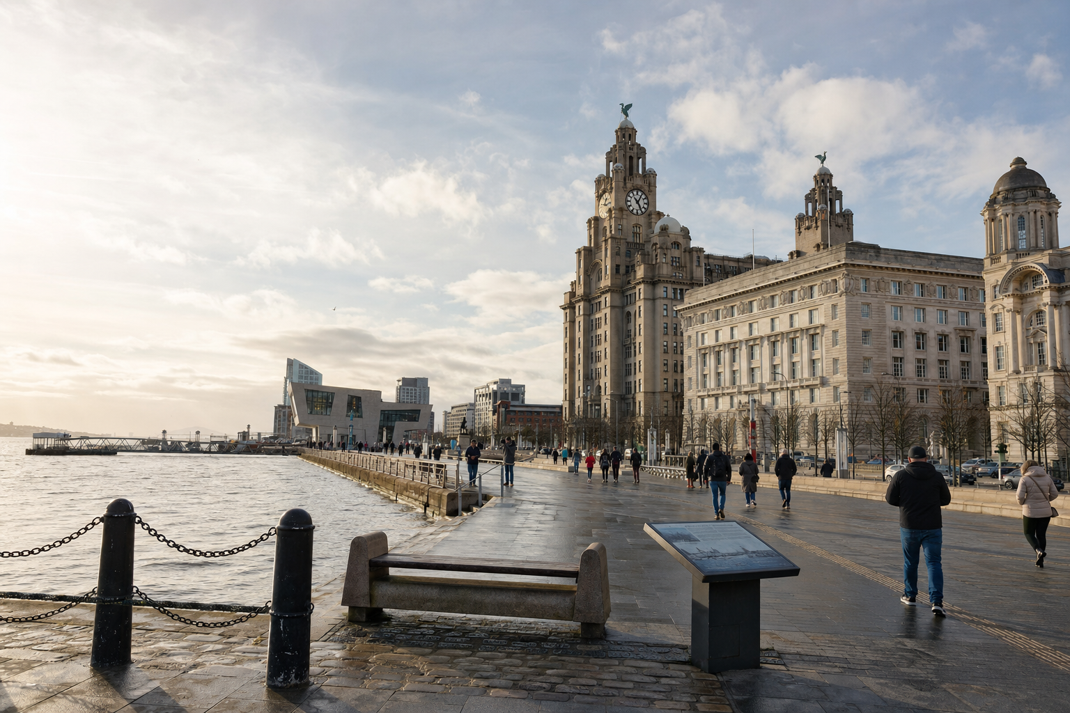 People walking along the Liverpool waterfront with prominent historic buildings under a partly cloudy sky.