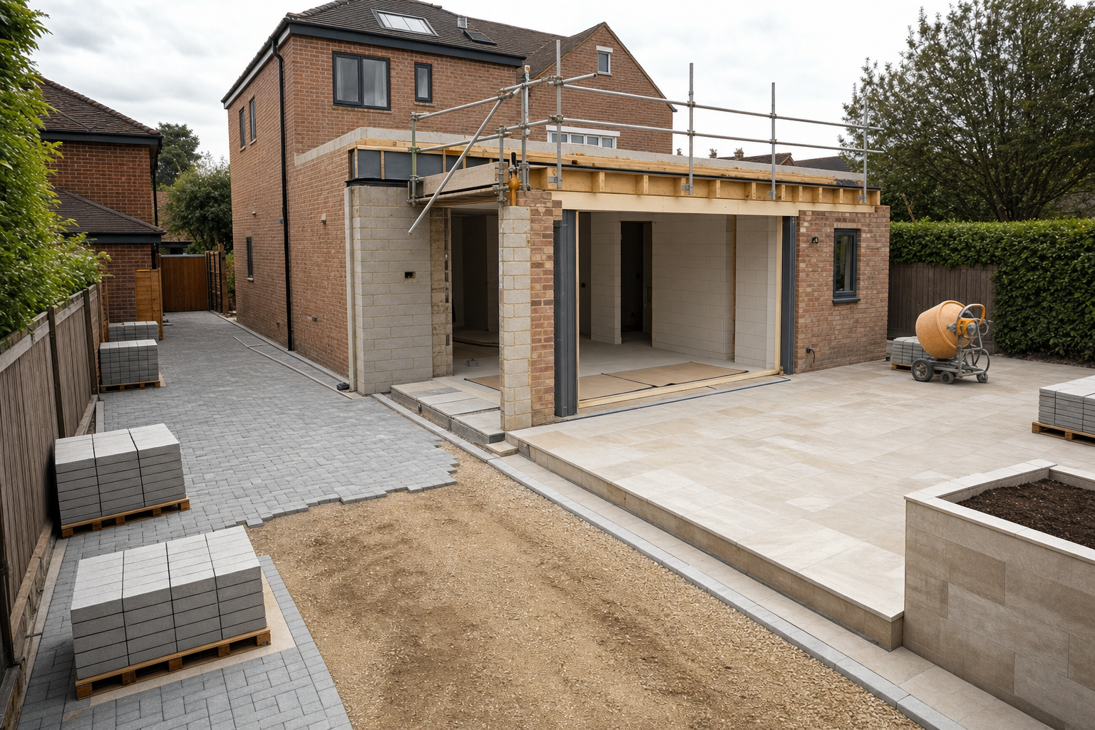 A house extension under construction with scaffolding, paving slabs, and a cement mixer on the driveway.