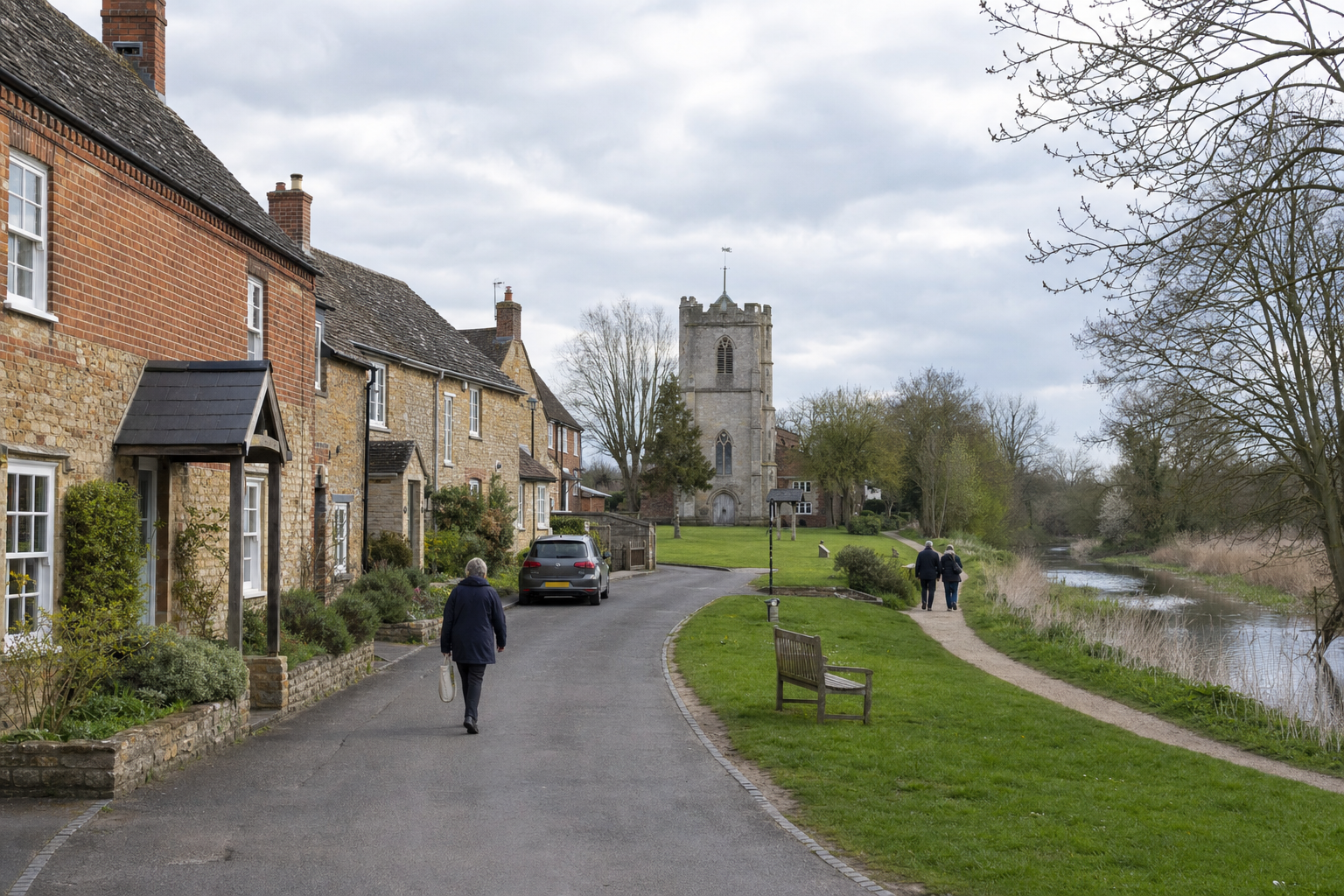 A woman walks along a quaint village street with historic houses and a church in the background near a riverside path.