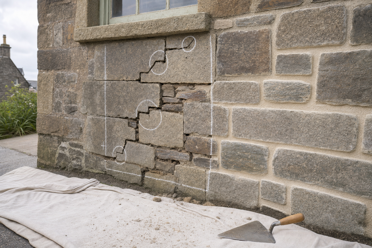 Stone wall with cracks marked for repair in chalk, alongside a trowel on a protective cloth.