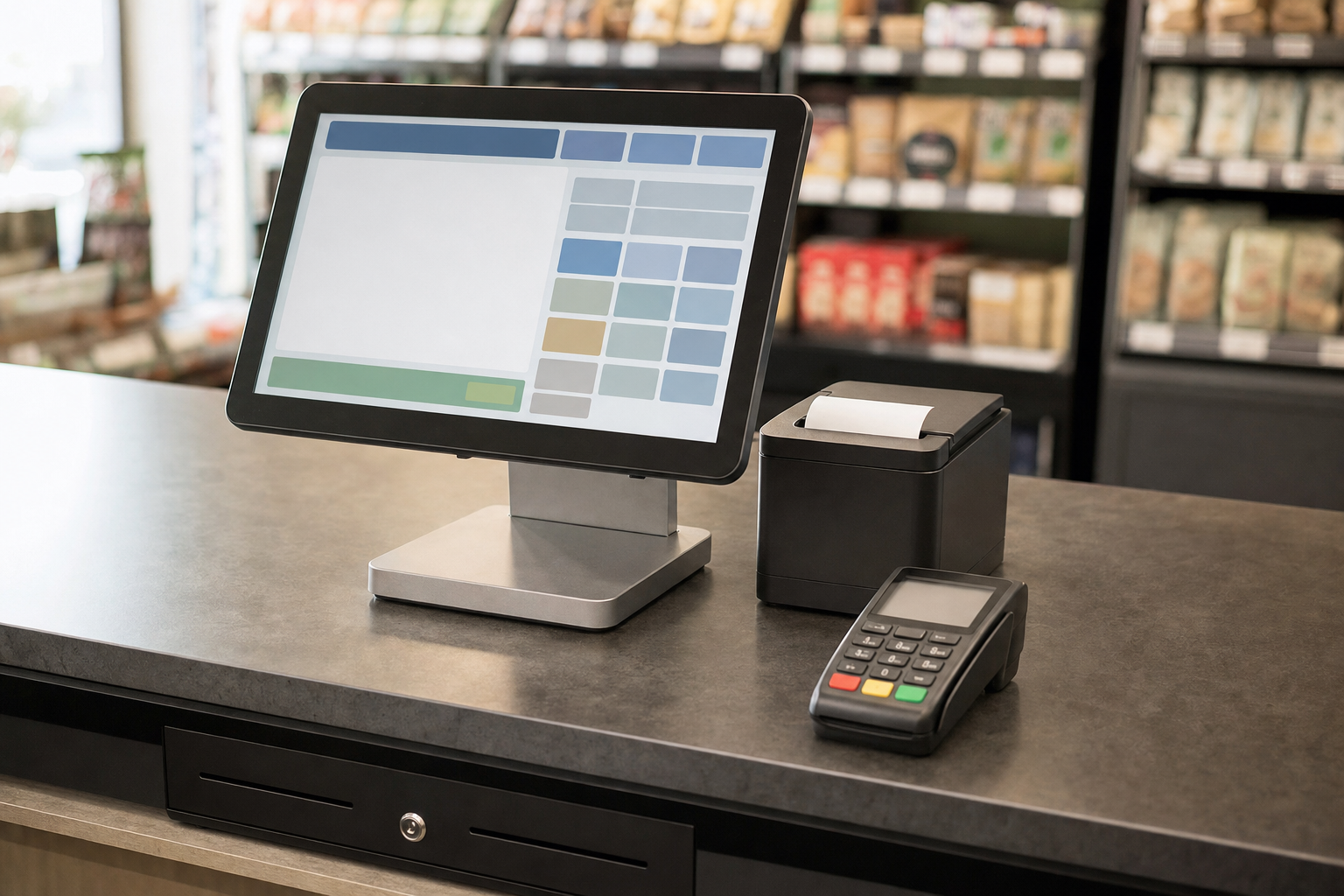 A retail checkout counter with a touchscreen terminal, receipt printer, and card reader in a convenience store.
