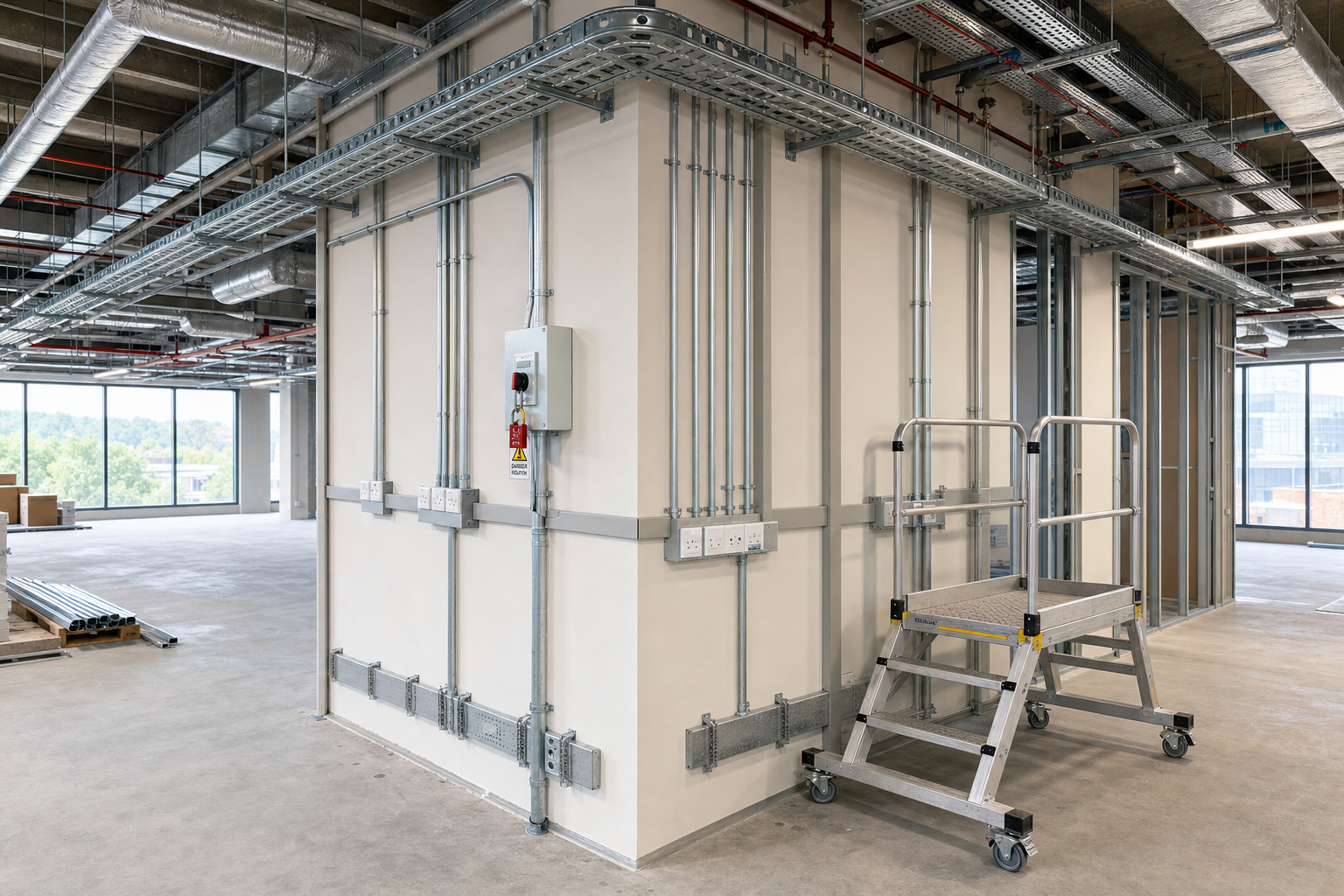 An unfinished office space with exposed electrical conduits, wiring, and an aluminium step ladder on wheels.