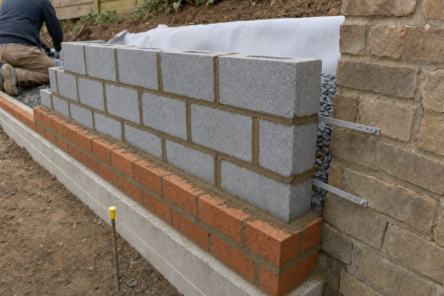 A builder constructs a retaining wall with grey and red bricks, using metal rods for reinforcement.