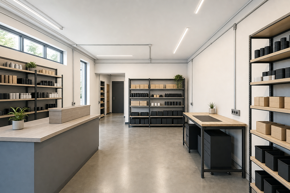 A modern, minimalist store interior with shelves of neatly arranged products and potted plants on wooden counters.