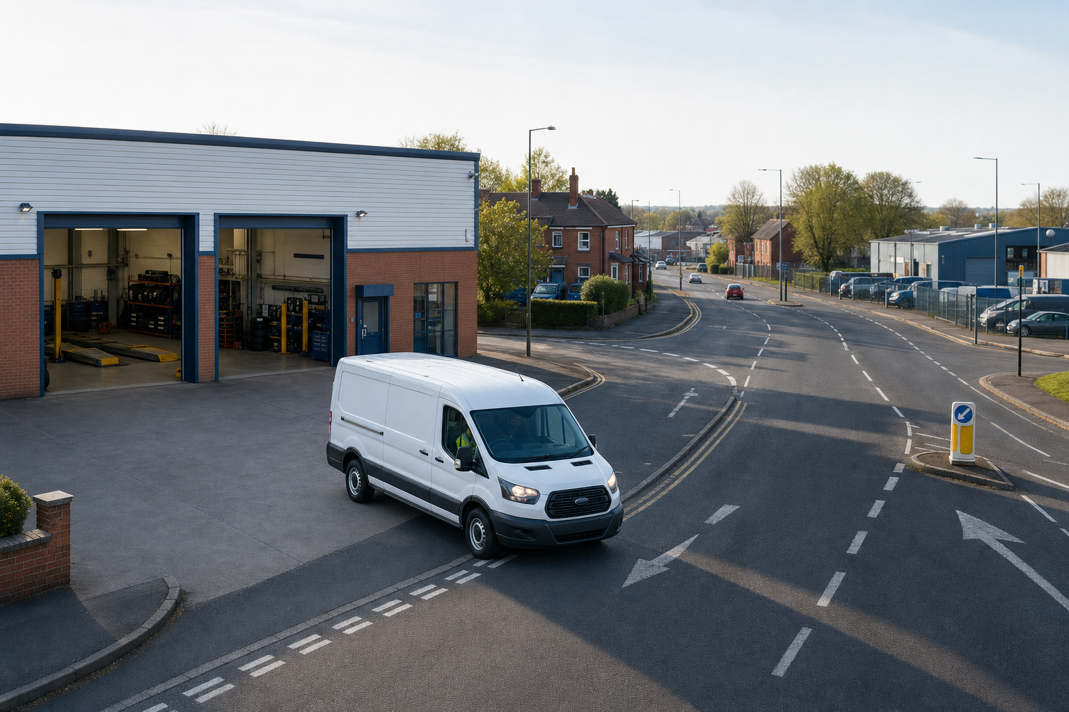 A white van exits a garage on a quiet street with a few buildings and trees in the background.