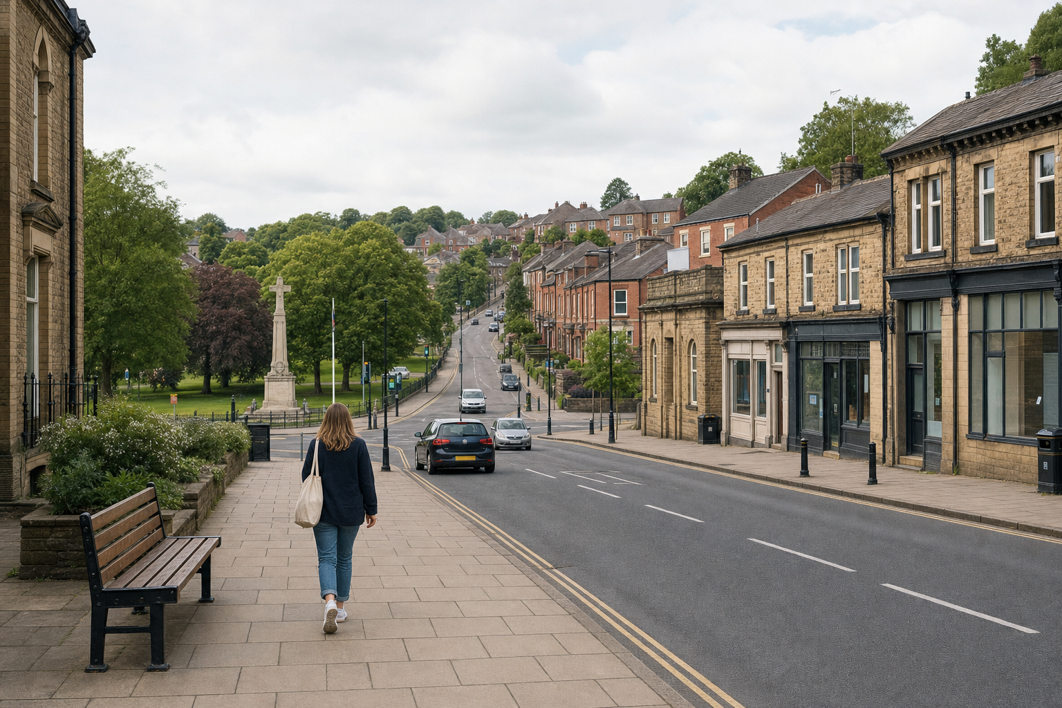 A woman walks along a quiet street with historic buildings and leafy green trees in the distance.