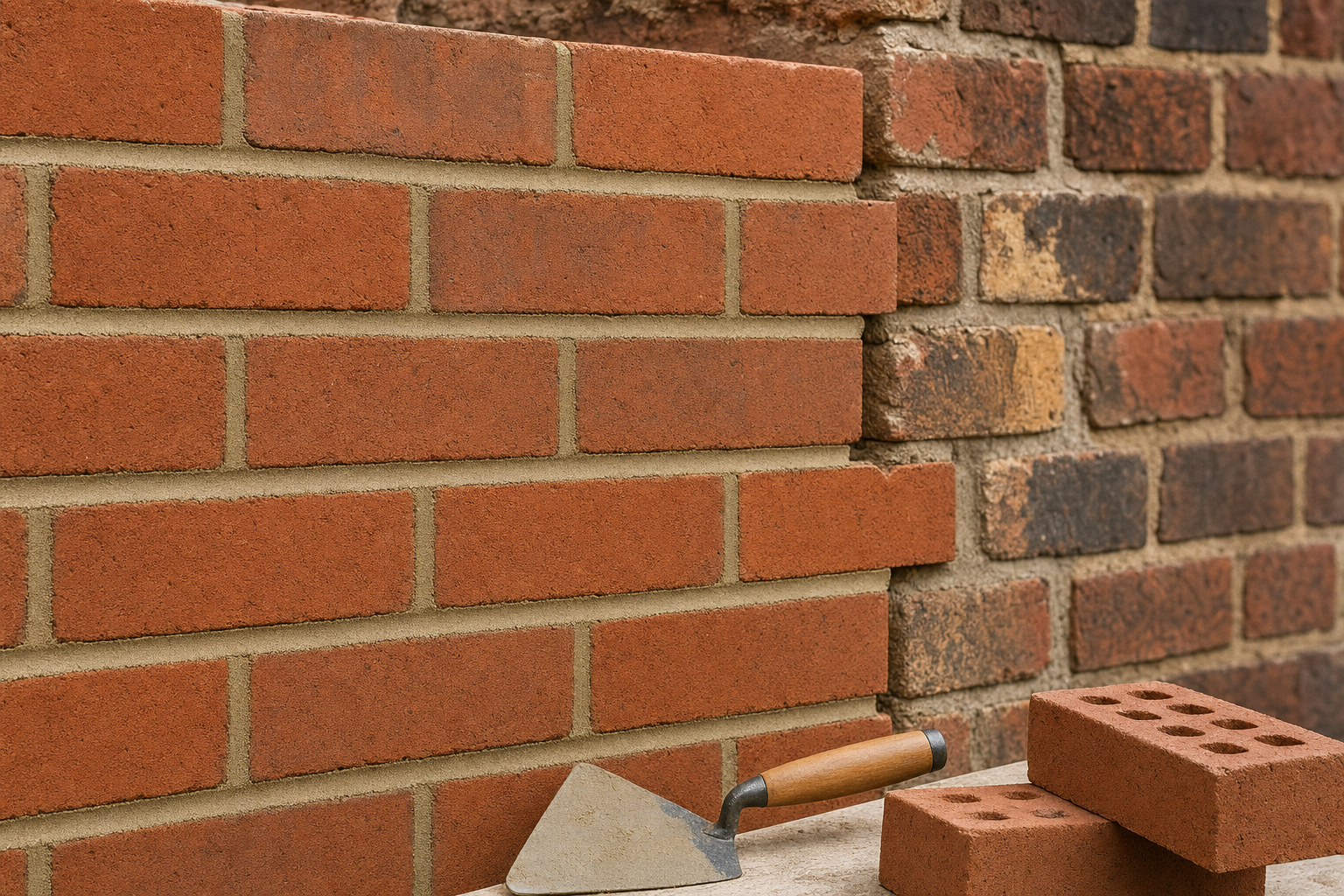 A neatly constructed brick wall with a trowel and stacked bricks in the foreground.