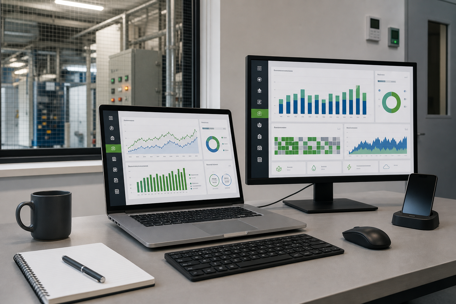 Laptop and monitor displaying data charts next to a notebook, mug, and phone.