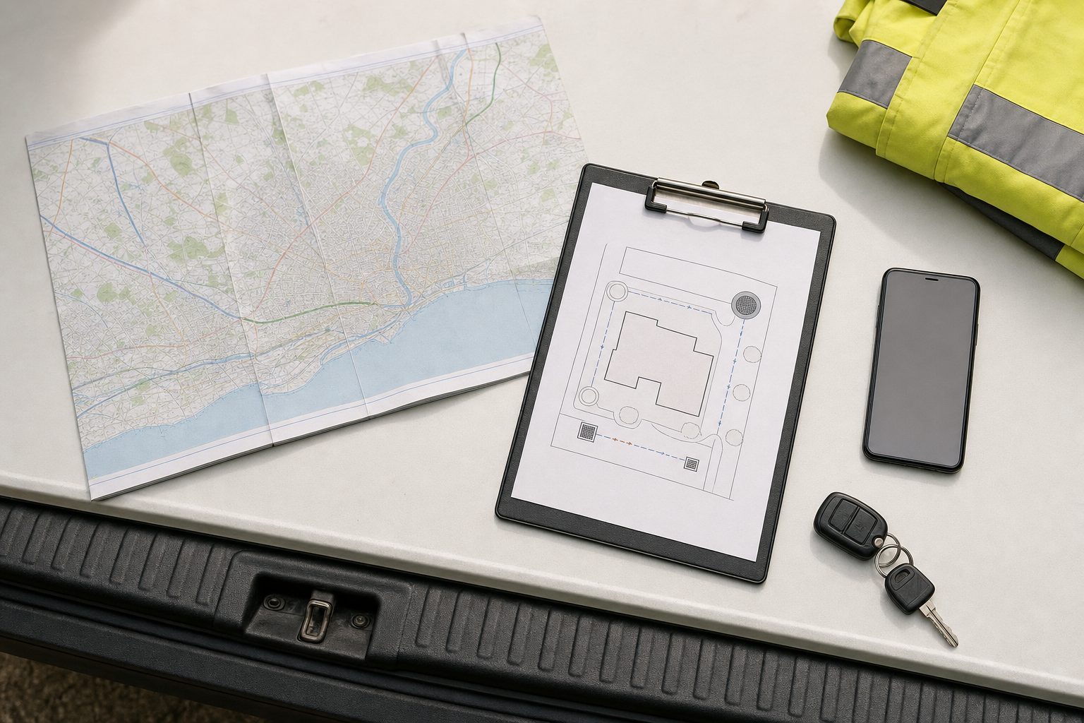 Map, site plan on clipboard, smartphone, car keys, and high-visibility jacket on a white surface.