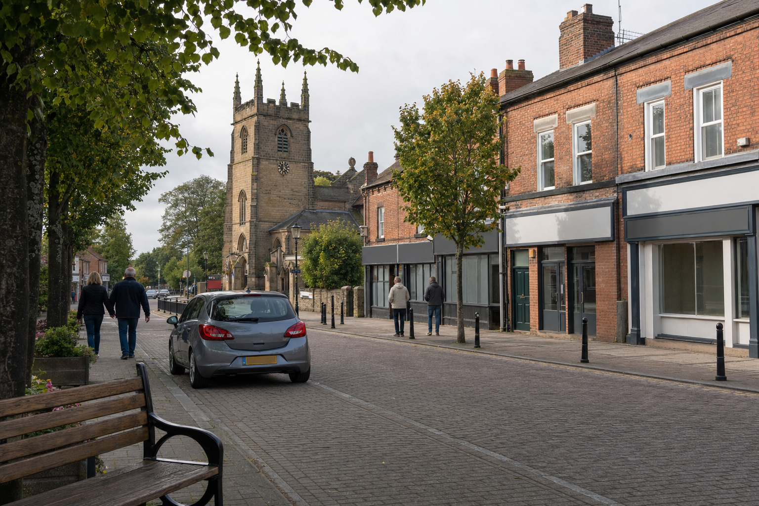 A quiet street scene with people walking and a historic church tower in the background.