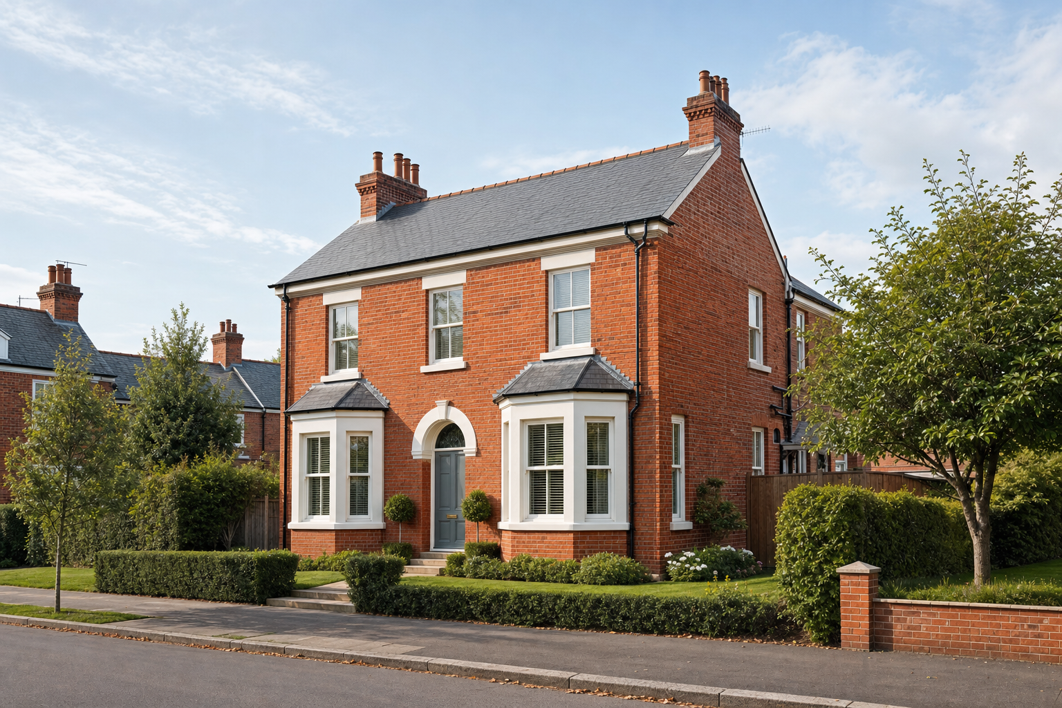 A large double-storey red brick house with white window frames and a neatly landscaped front garden.