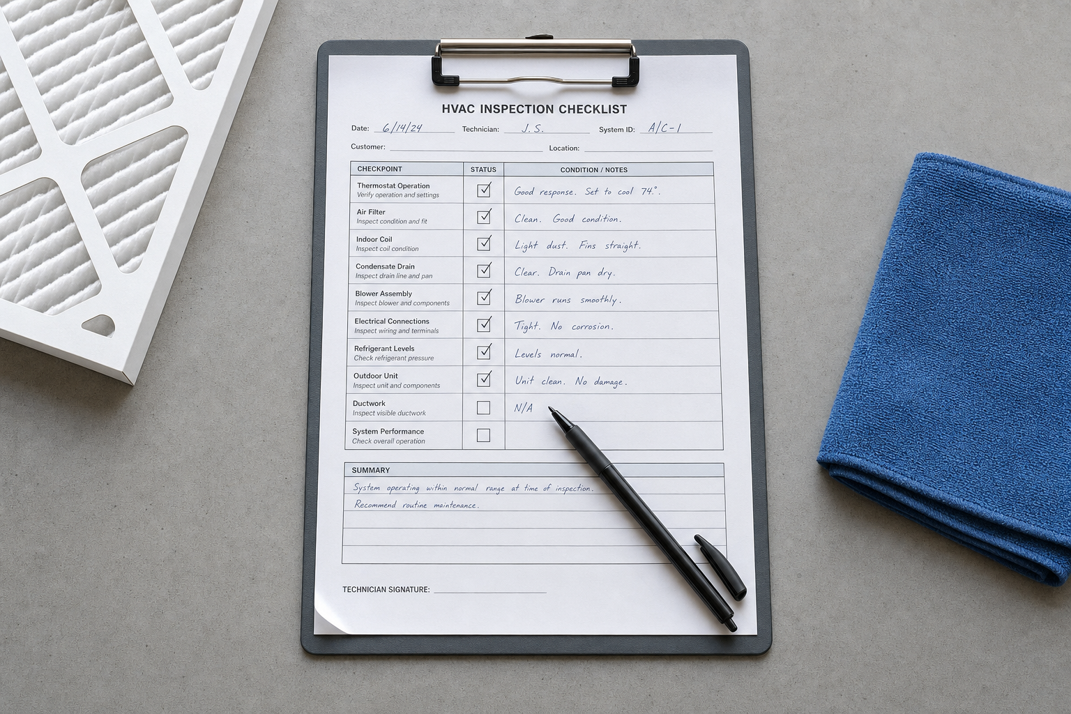 HVAC inspection checklist on a clipboard with a pen, air filter, and blue cloth on a grey surface.