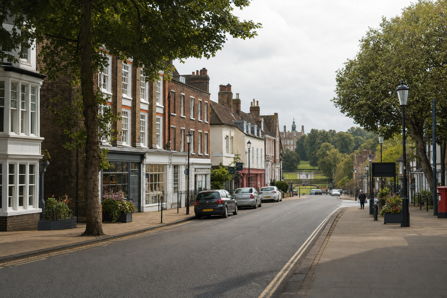 A quiet street lined with traditional British houses and parked cars, leading to a large building in the distance.