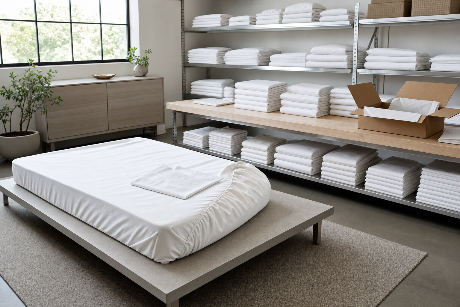 Modern showroom displaying neatly stacked white bed linens and a fitted sheet on a low-profile bed with potted plants nearby.