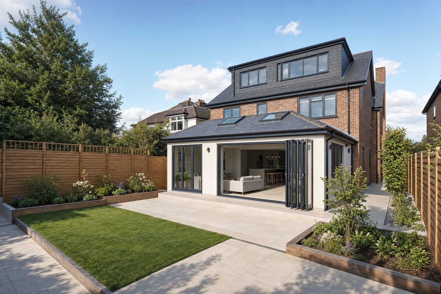 Modern brick house with large glass doors opens onto a landscaped garden under a clear blue sky.