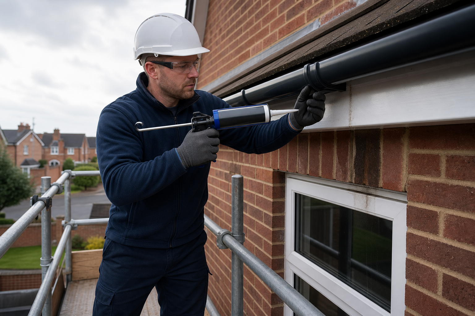 Builder applying sealant to a house guttering while standing on a scaffold.