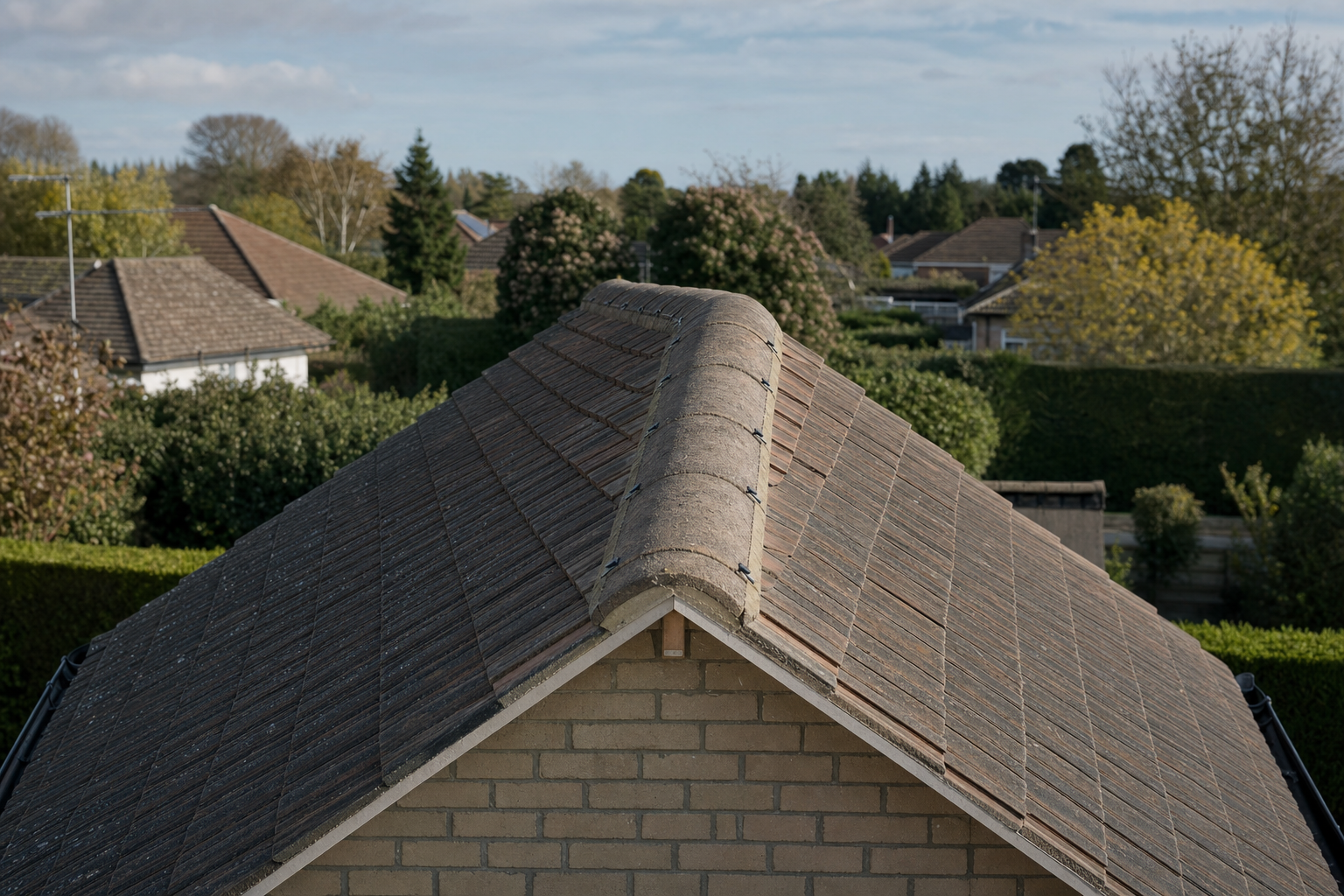A gable roof with brown tiles on a residential building, surrounded by trees and other houses in the background.