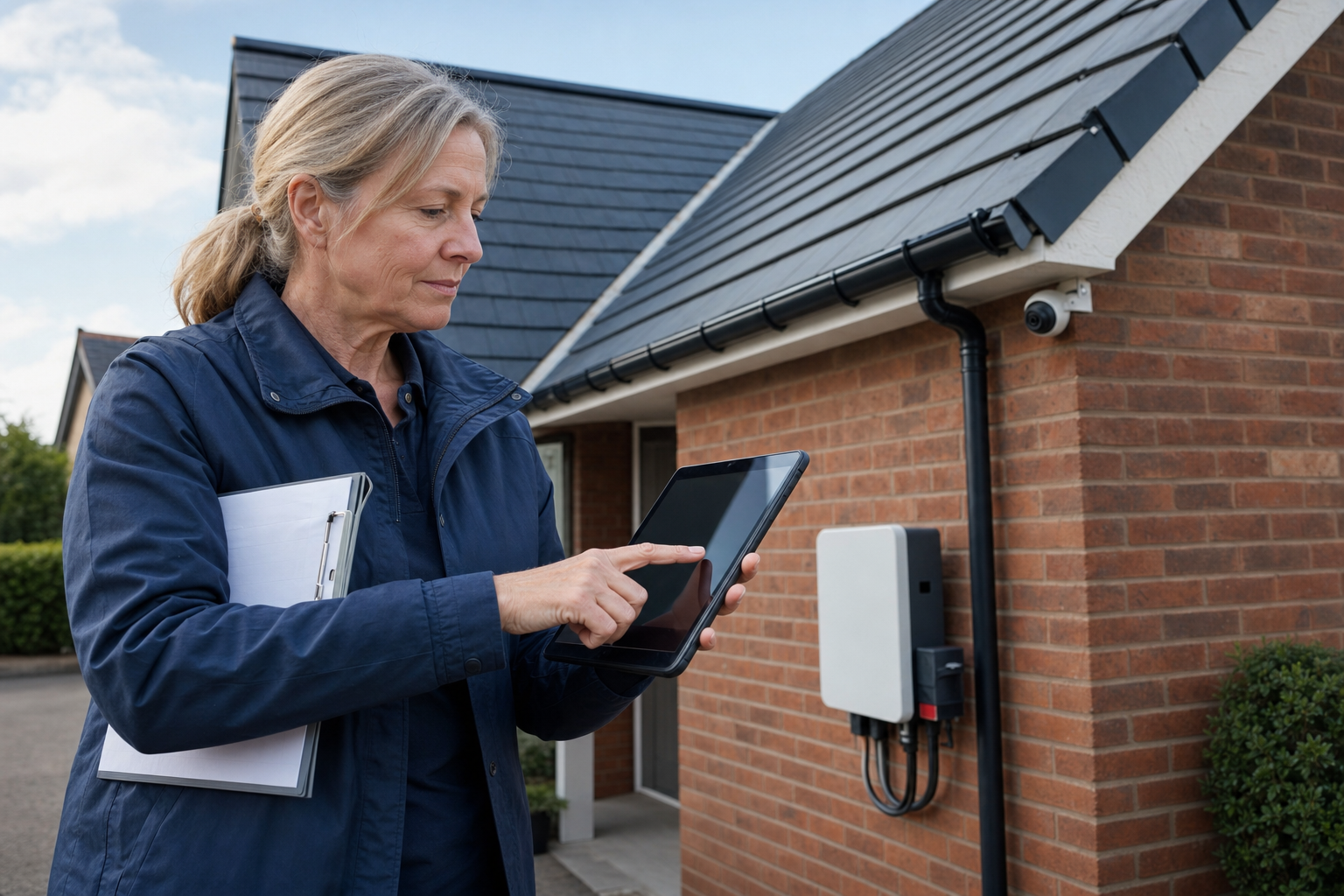 Female technician or inspector wearing a jacket and holding a clipboard, operating a digital tablet next to an exterior residential solar inverter and security camera setup on a brick wall
