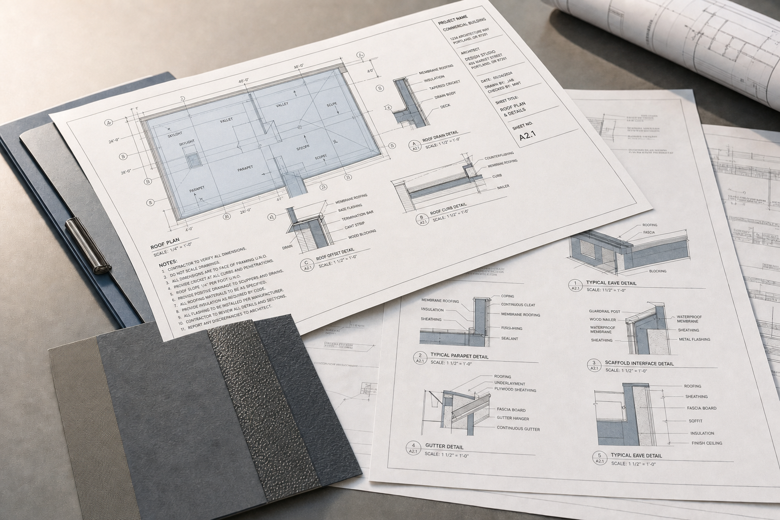 Architectural blueprints and material samples arranged on a table, showcasing detailed roof plan designs.