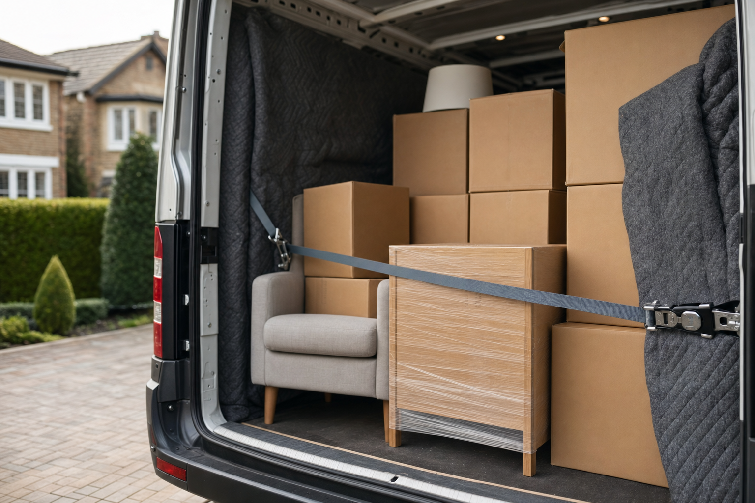 Moving van packed with cardboard boxes, a wrapped chest of drawers, and an armchair parked in a residential driveway.