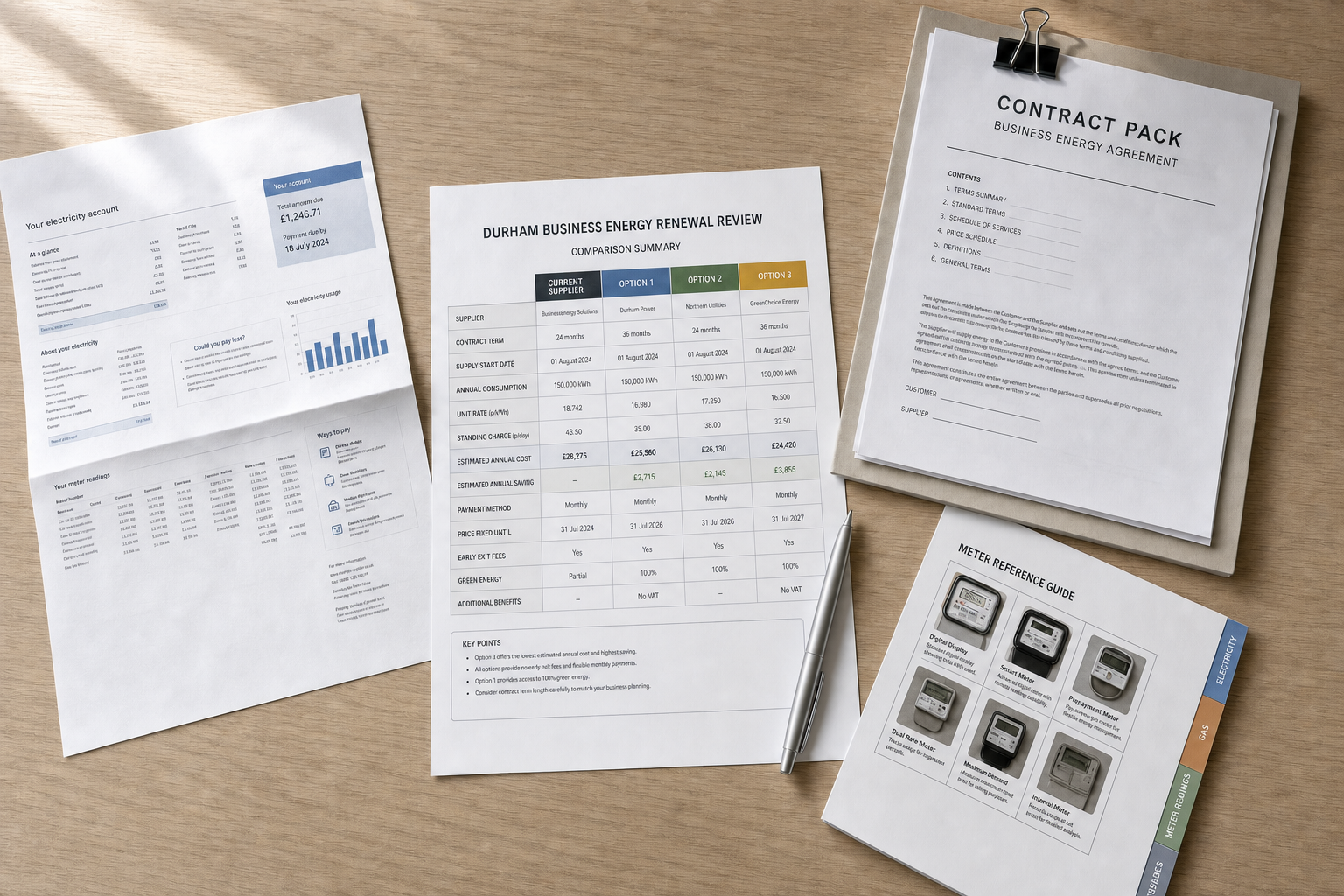 Documents displaying a business energy contract, renewal review, and meter reference guide on a wooden desk.
