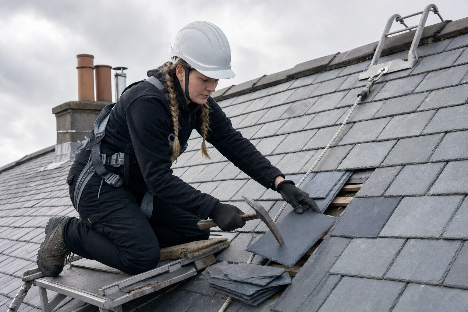 Roofer in protective gear and helmet repairing slate tiles on a pitched roof under a cloudy sky.