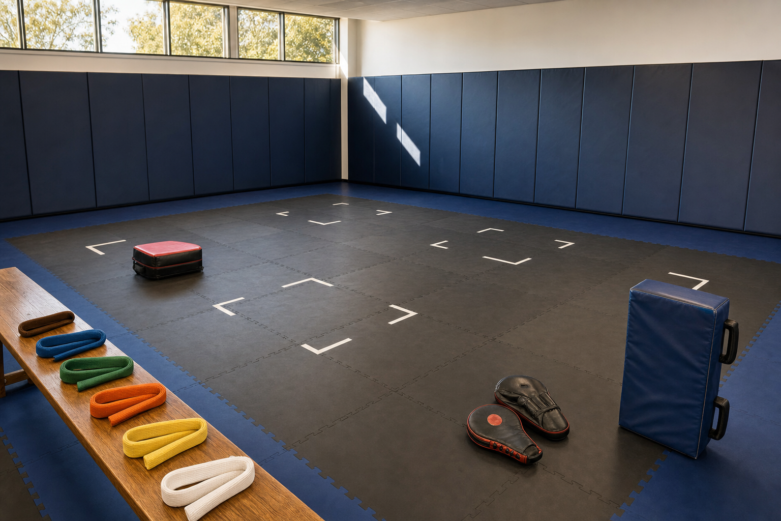 A martial arts training room with mats, coloured belts on a bench, and padded equipment scattered on the floor.