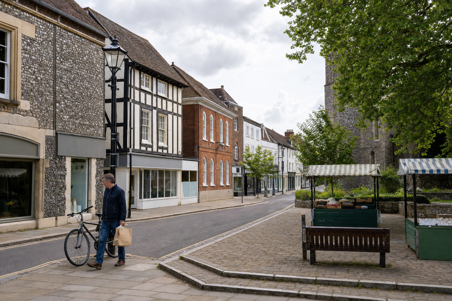 A man walks with his bicycle and a shopping bag in a quiet, historic British street lined with traditional buildings.
