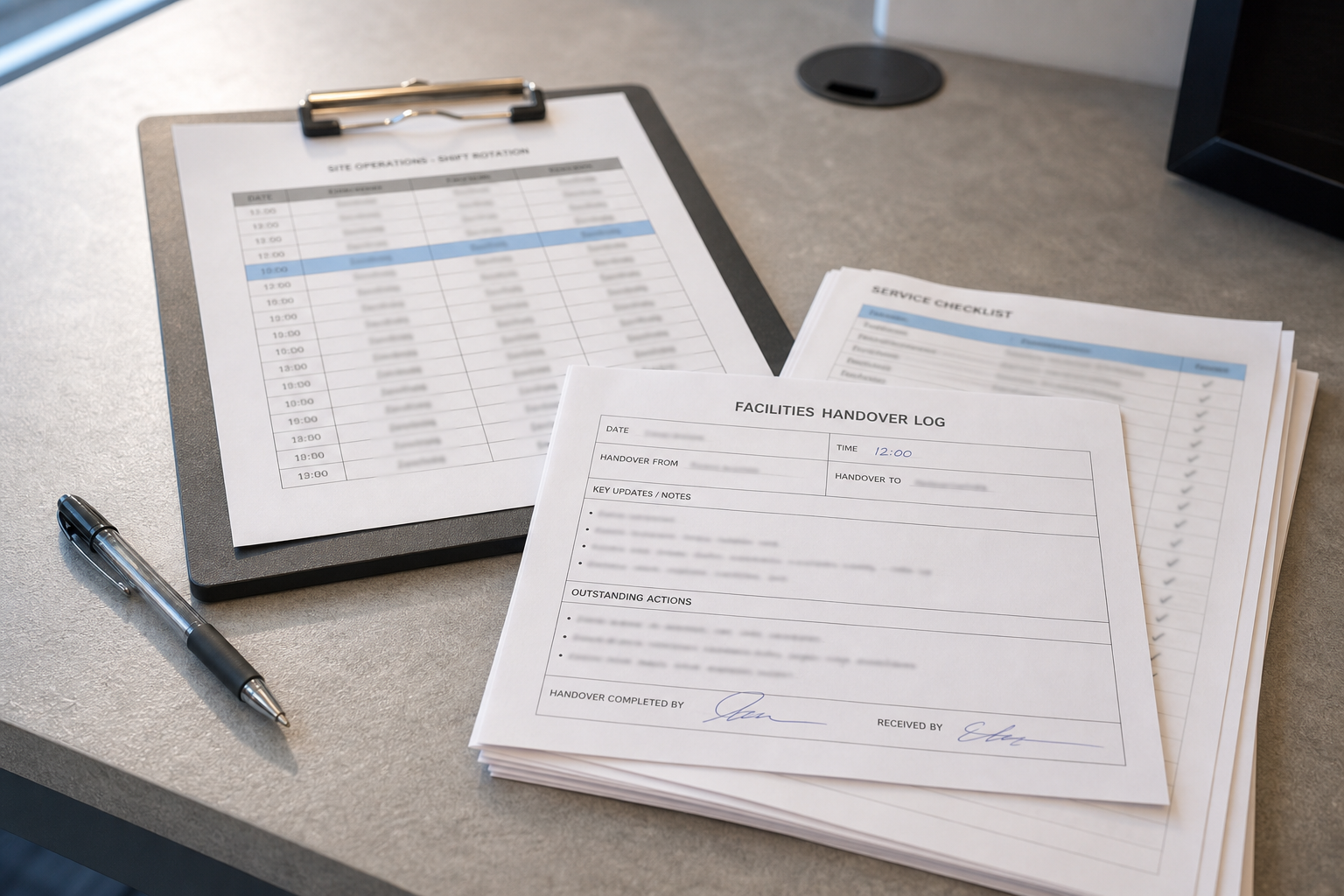 A clipboard with a shift rotation schedule, pen, and stack of forms titled "Facilities Handover Log" on a grey desk.