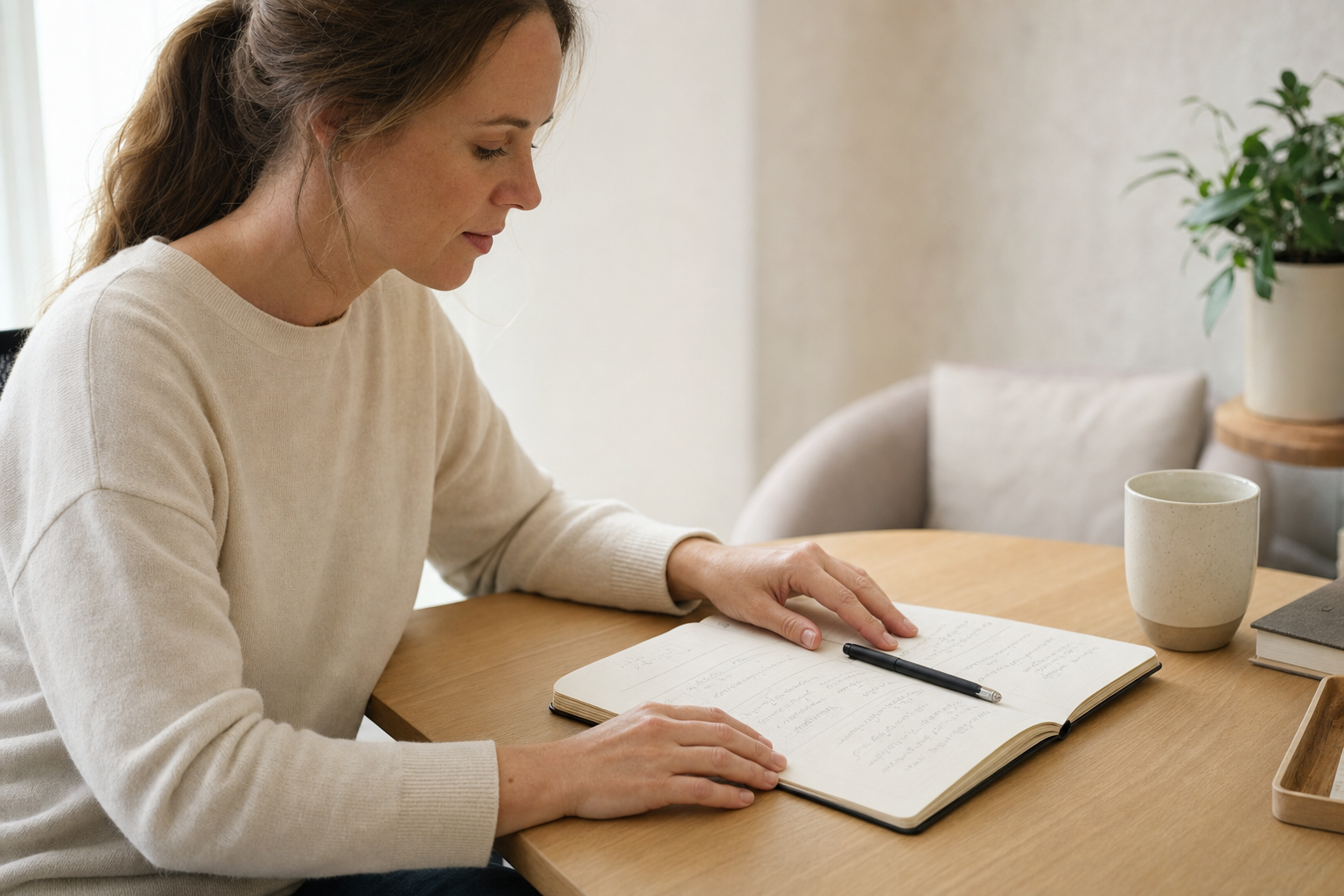 A woman reading a notebook at a wooden table with a cup and plant nearby.