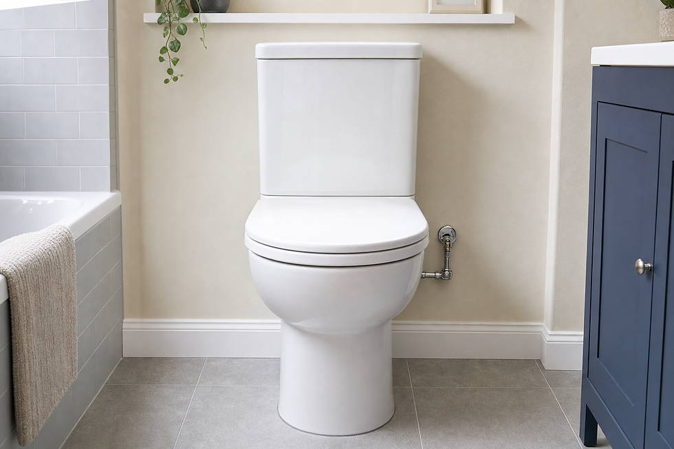 Modern white toilet in a neatly organised bathroom with grey tiles and a navy cabinet.