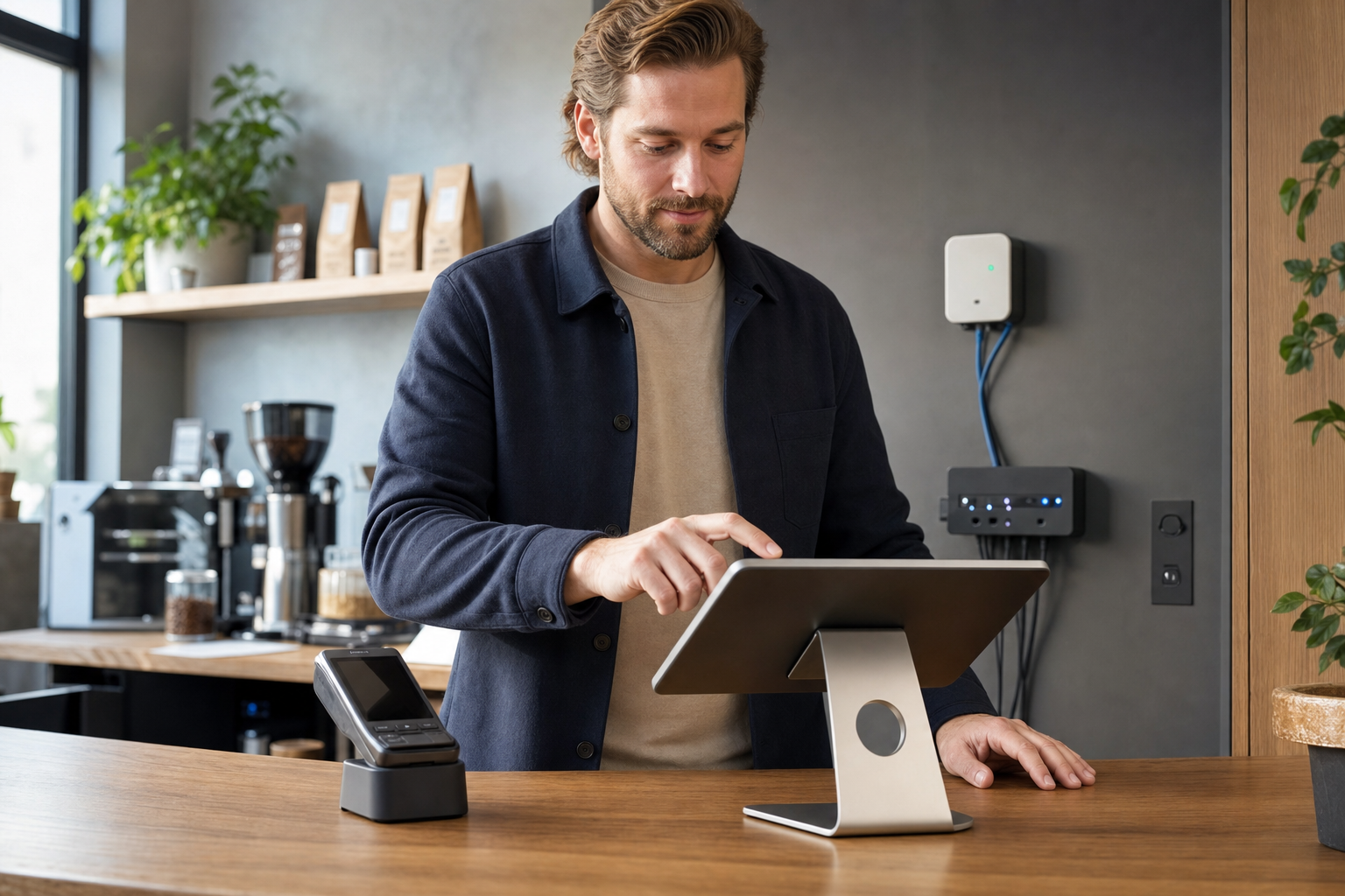 Man using a touchscreen tablet at a café counter with plants and coffee equipment in the background.