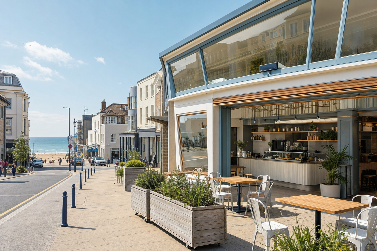 Coastal café with outdoor seating along a bustling street leading to a sandy beach.