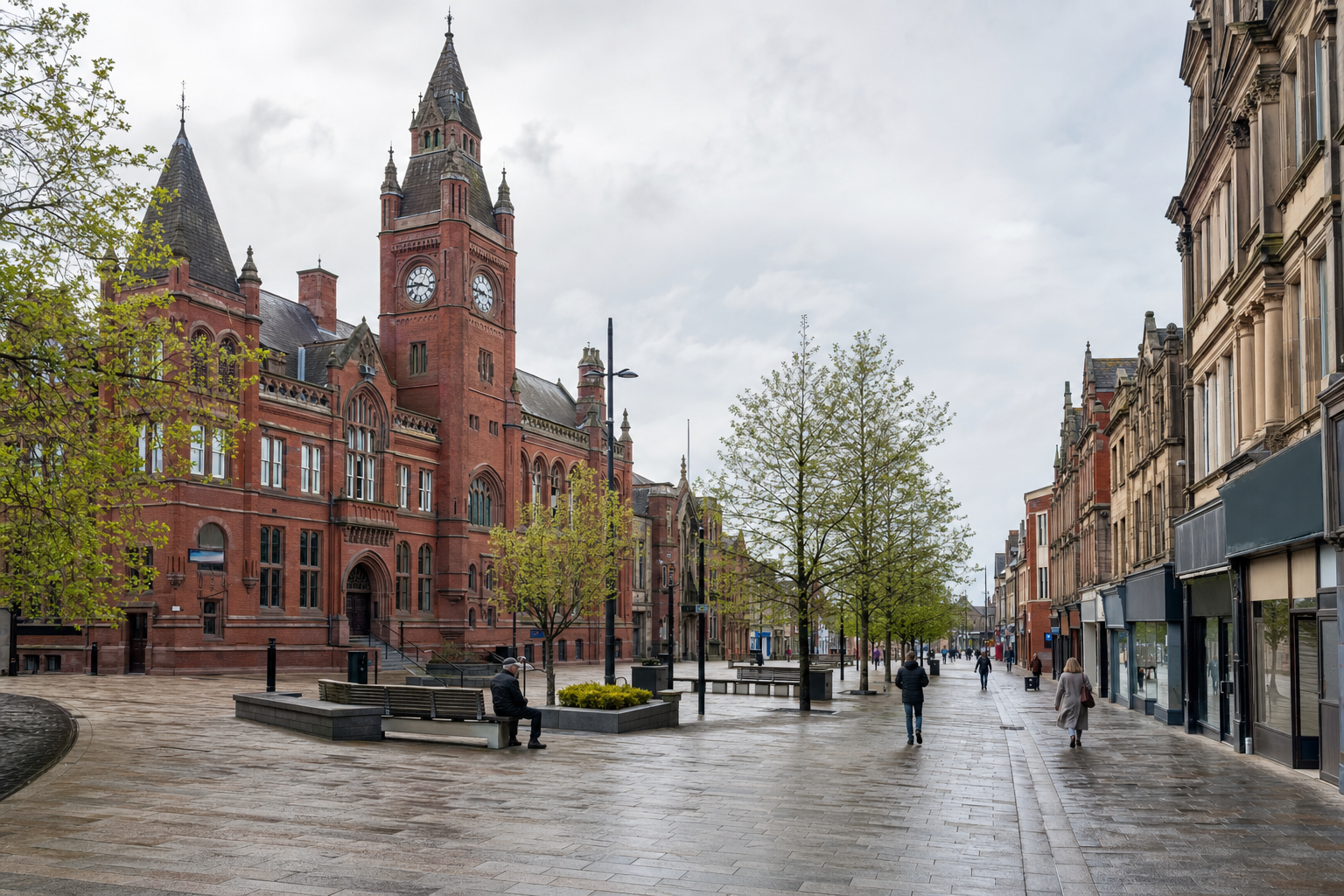 Red-brick Victorian building with a clock tower in a tree-lined pedestrian street with people walking.