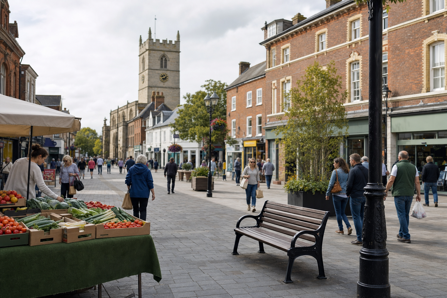 A bustling high street scene with a fruit and vegetable stall, people walking, and a historic church tower in the background.