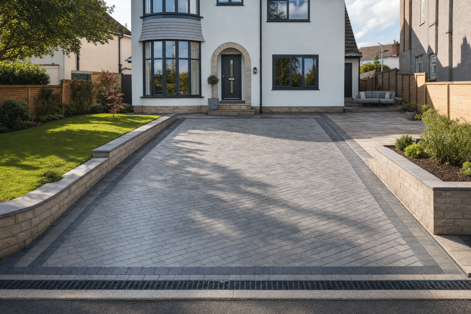 Modern driveway with neat paving and landscaped garden leading to a white two-storey house.