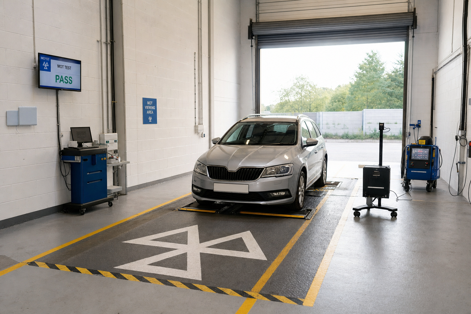 Silver car parked in an MOT test garage with a screen displaying a pass result.