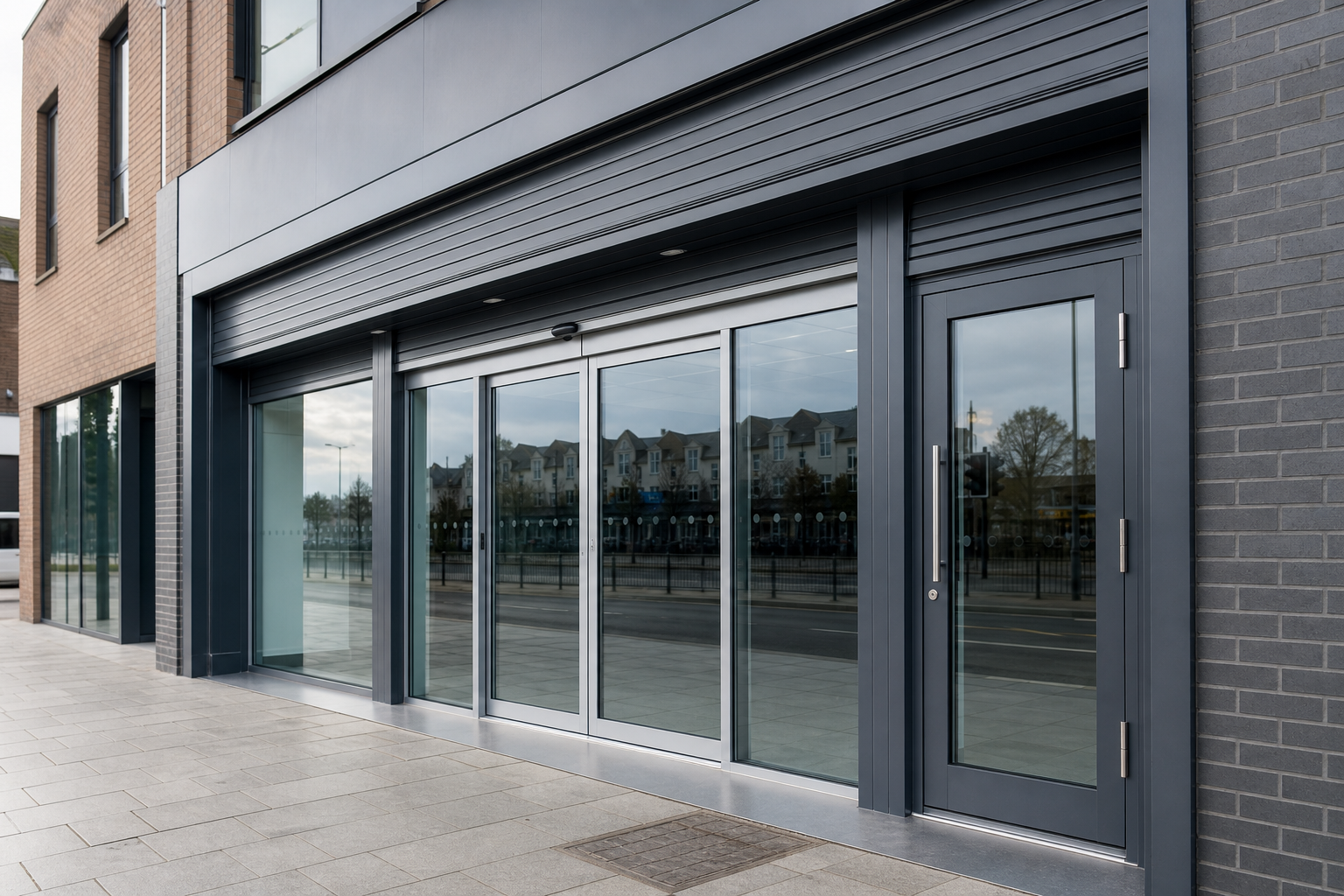 Modern storefront with large glass windows and a sleek, gray entrance door on a sunlit street corner.