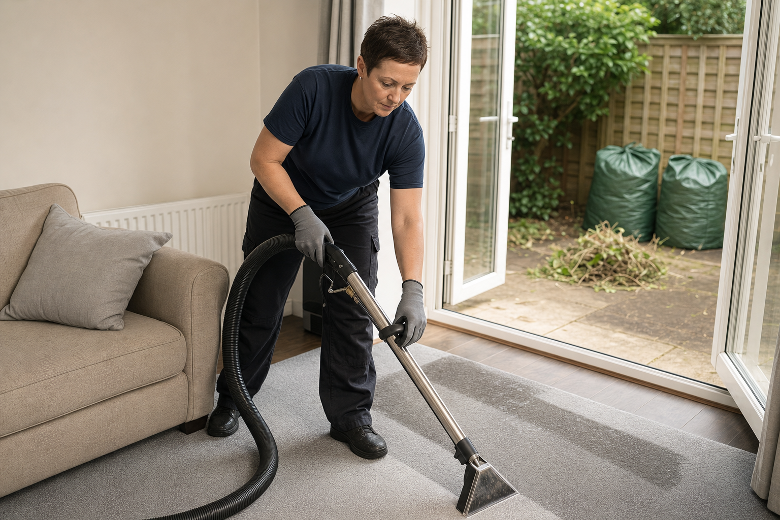 A person wearing gloves uses a carpet cleaner on a rug in a living room next to open patio doors.