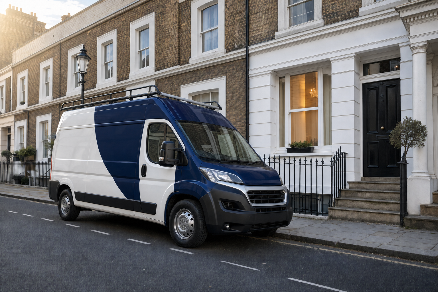 A blue and white van parked on a residential London street beside a row of townhouses.