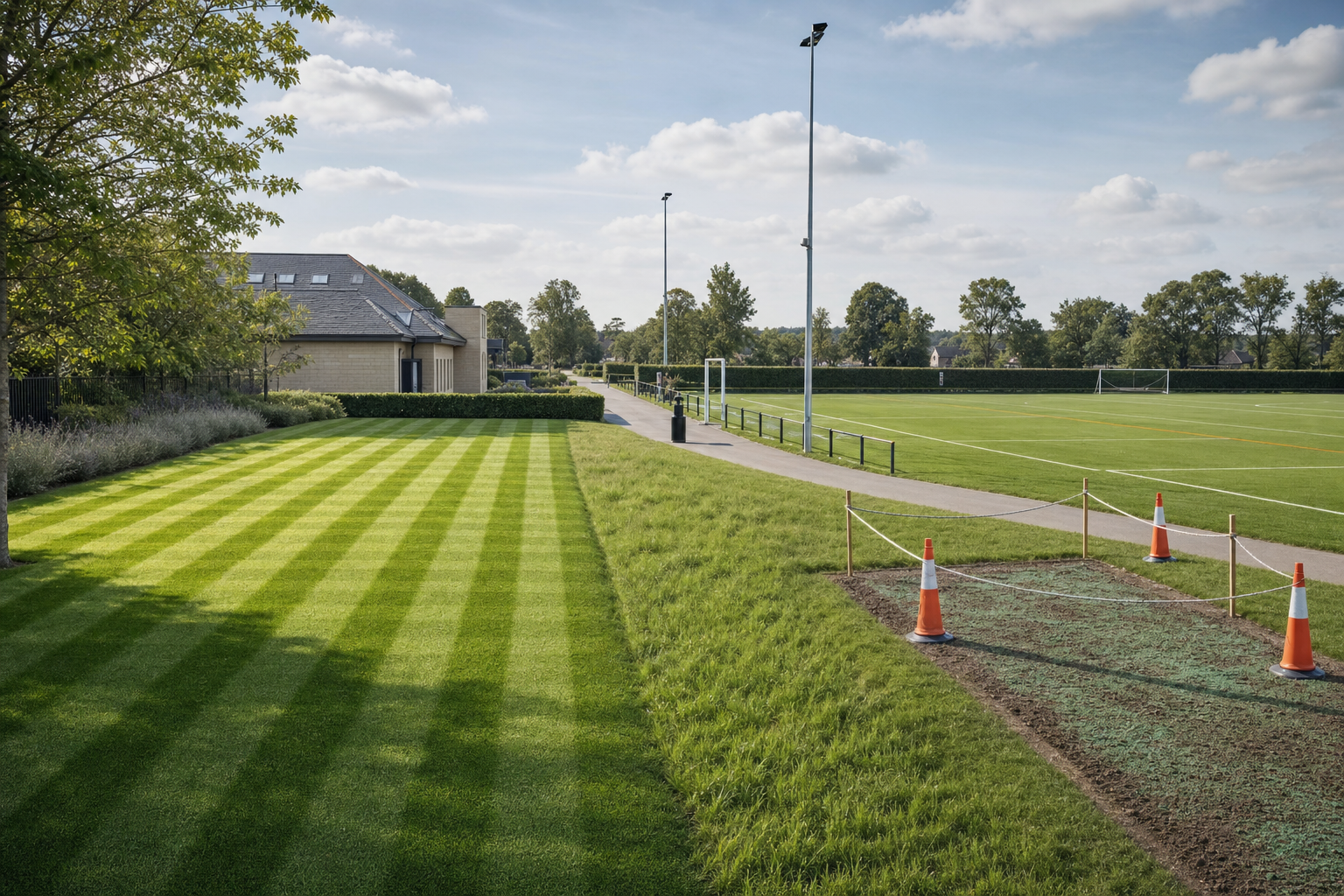 A well-manicured football pitch with a building and neatly trimmed grass under a blue sky.