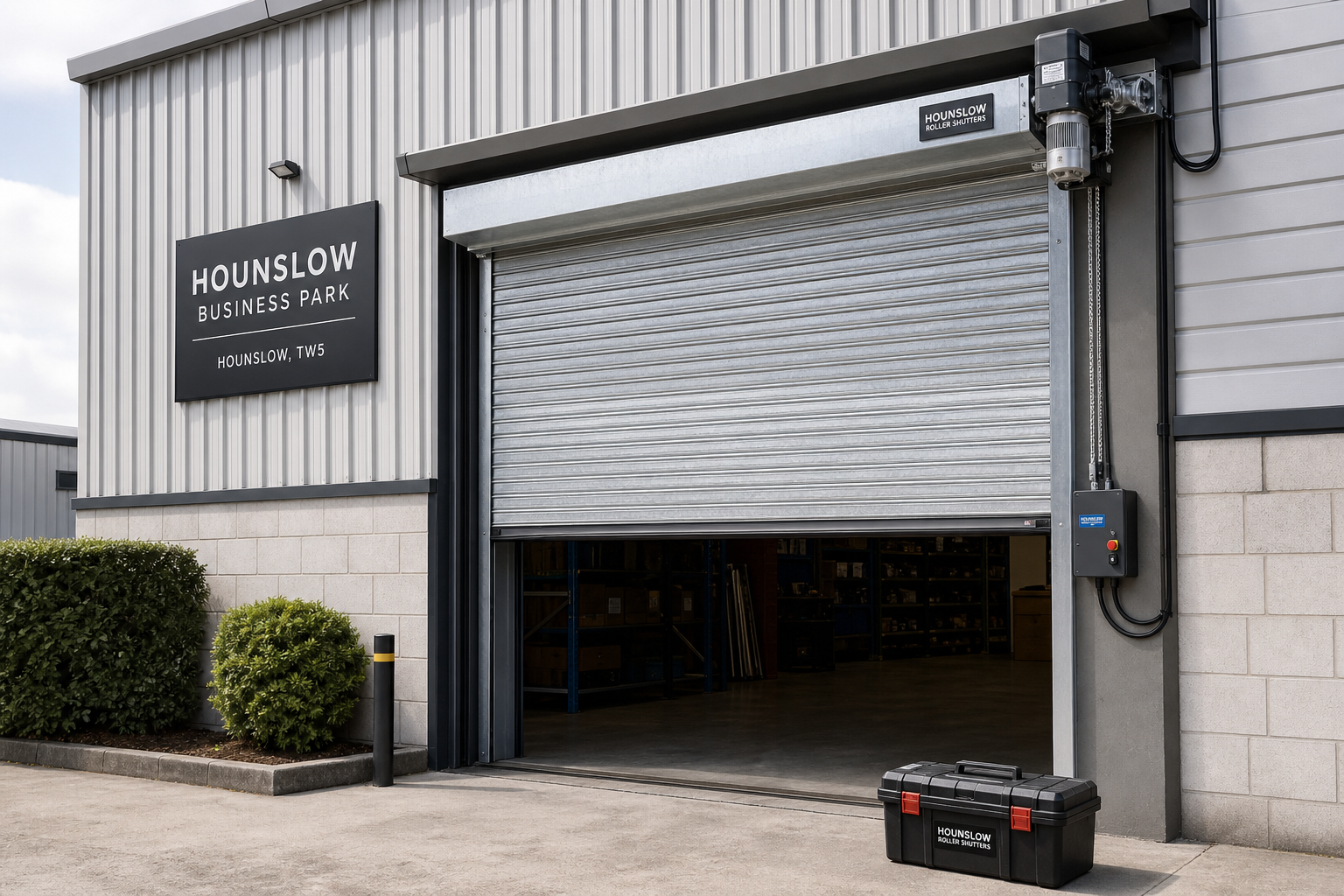 Half-open roller shutter door at Hounslow Business Park with toolbox in the foreground.